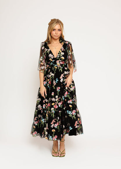 Margaret Floral Embroidered Midi Dress Black JessaKae