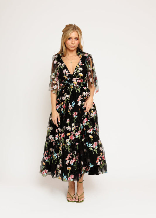 Margaret Floral Embroidered Midi Dress Black JessaKae