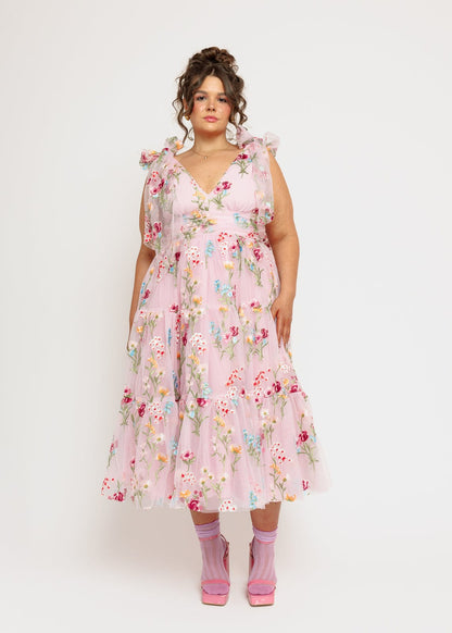 Margaret Floral Embroidered Midi Dress Pink JessaKae