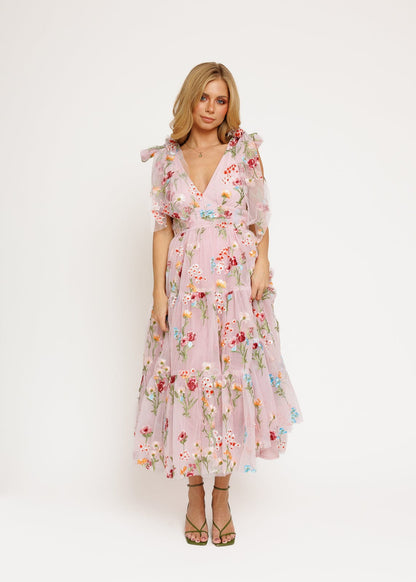 Margaret Floral Embroidered Midi Dress Pink JessaKae