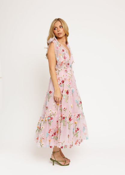 Margaret Floral Embroidered Midi Dress Pink JessaKae