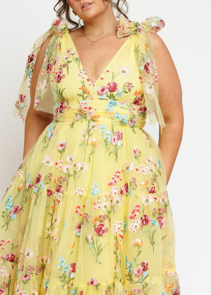 Margaret Floral Embroidered Midi Dress Yellow JessaKae