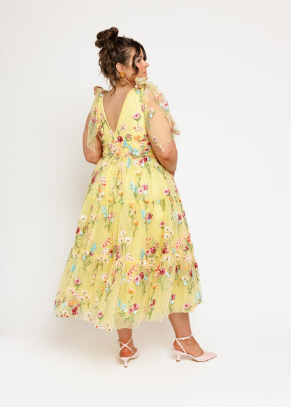 Margaret Floral Embroidered Midi Dress Yellow JessaKae