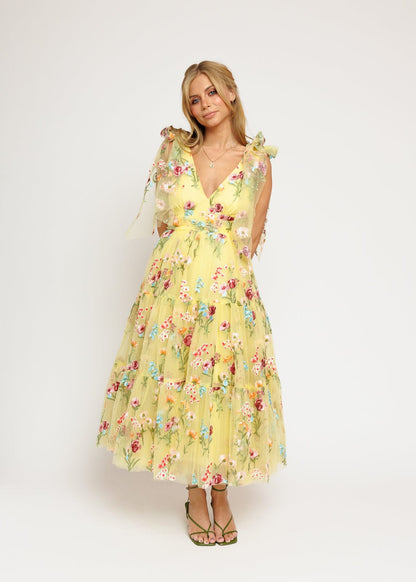 Margaret Floral Embroidered Midi Dress Yellow JessaKae