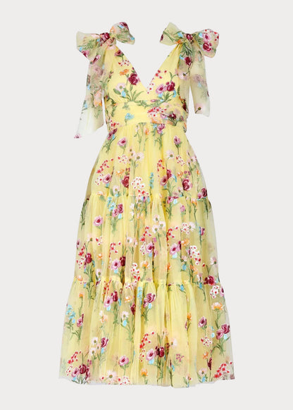 Margaret Floral Embroidered Midi Dress Yellow JessaKae