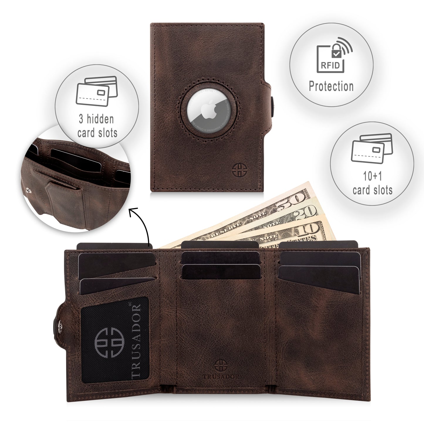 Toscana Leather Wallet - Airtag & Coin Holder Trusador