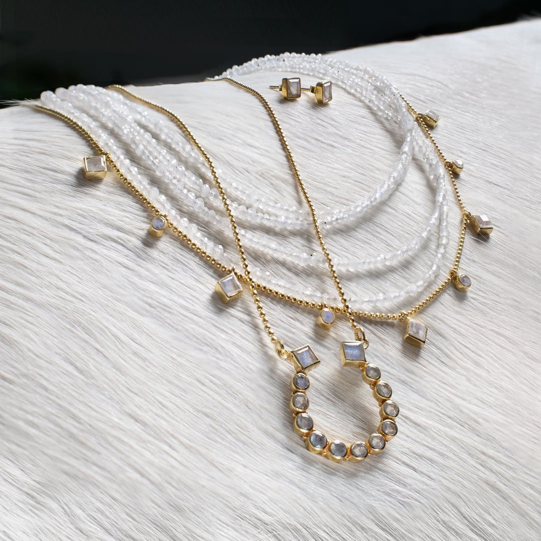 Keepsake - Moonstone Equestrian Riding Stirrup Necklace in Gold Urban-Equestrian