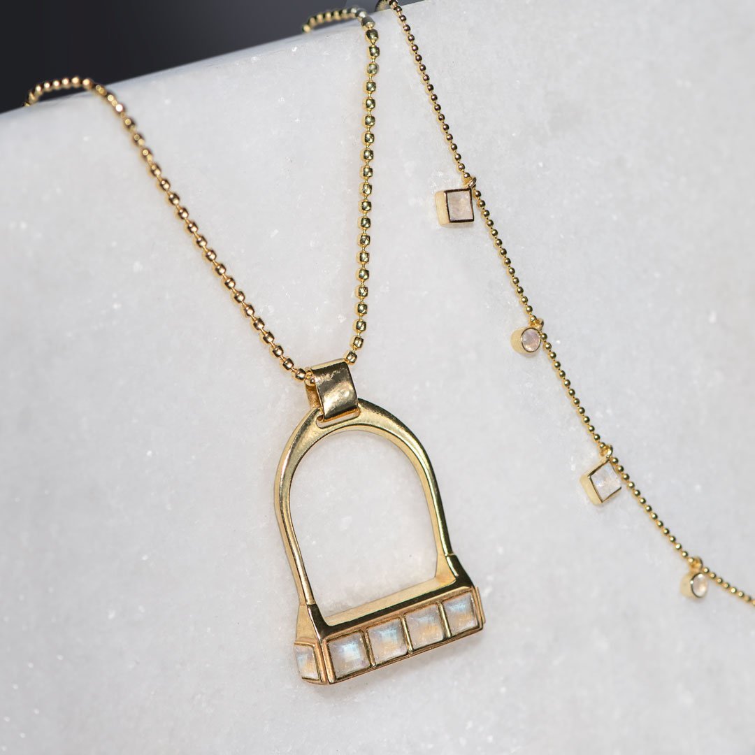 Keepsake - Moonstone Equestrian Riding Stirrup Necklace in Gold Urban-Equestrian