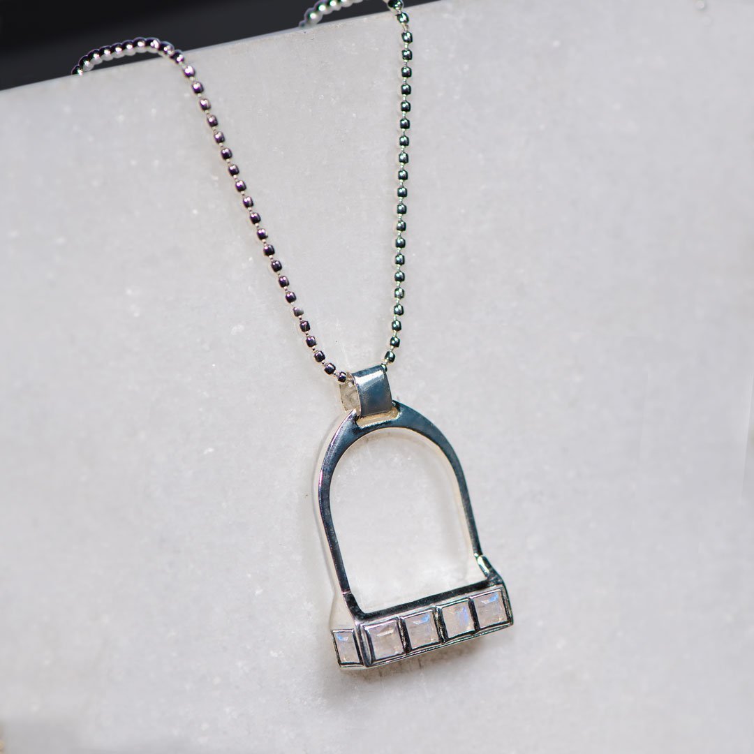 Keepsake - Moonstone Equestrian Riding Stirrup Necklace in Silver Urban-Equestrian