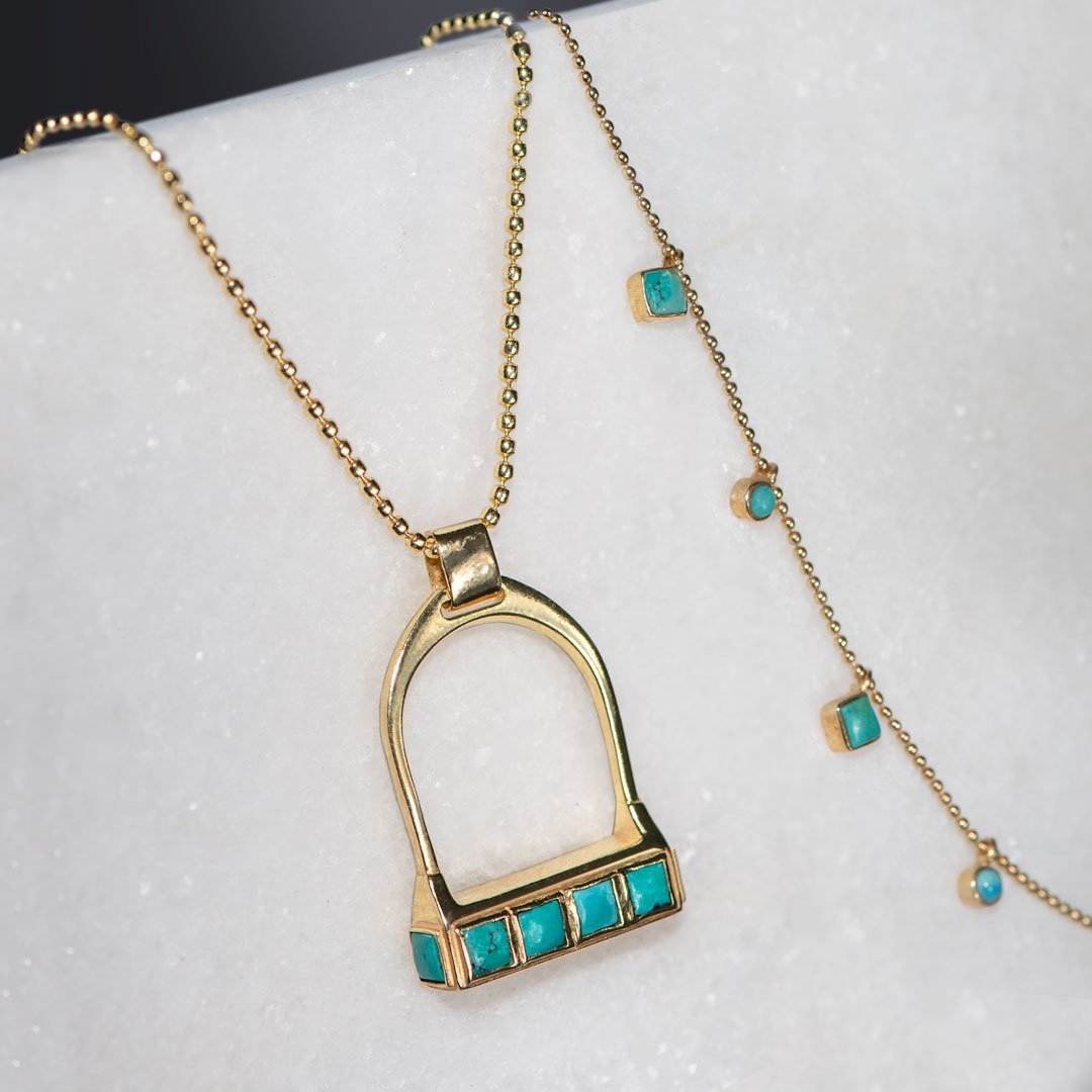 Keepsake - Turquoise Equestrian Riding Stirrup Necklace in Gold Urban-Equestrian