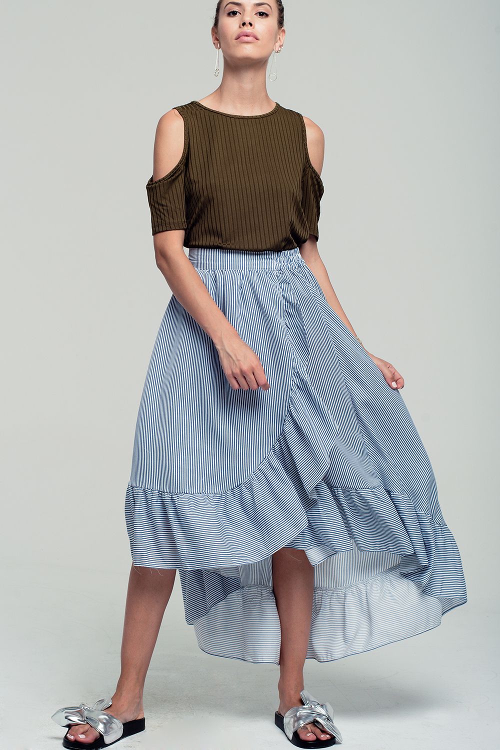 Khaki cold shoulder top Q2store
