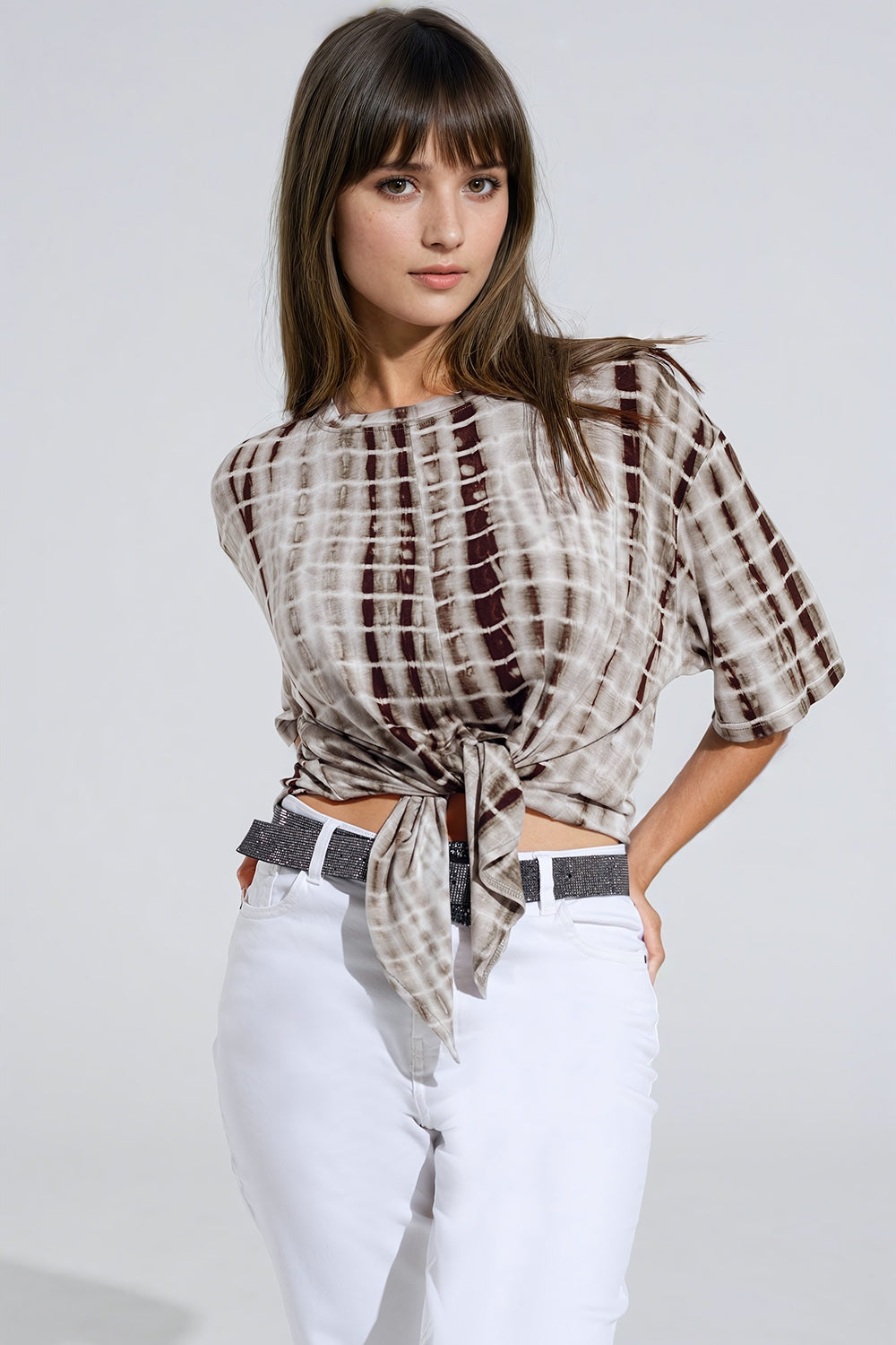Khaki Tie Dye printed t-shirt with knot on the front Q2store