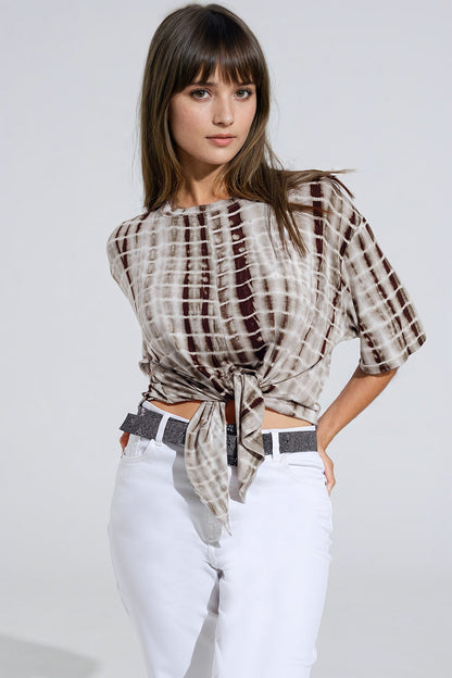 Khaki Tie Dye printed t-shirt with knot on the front Q2store