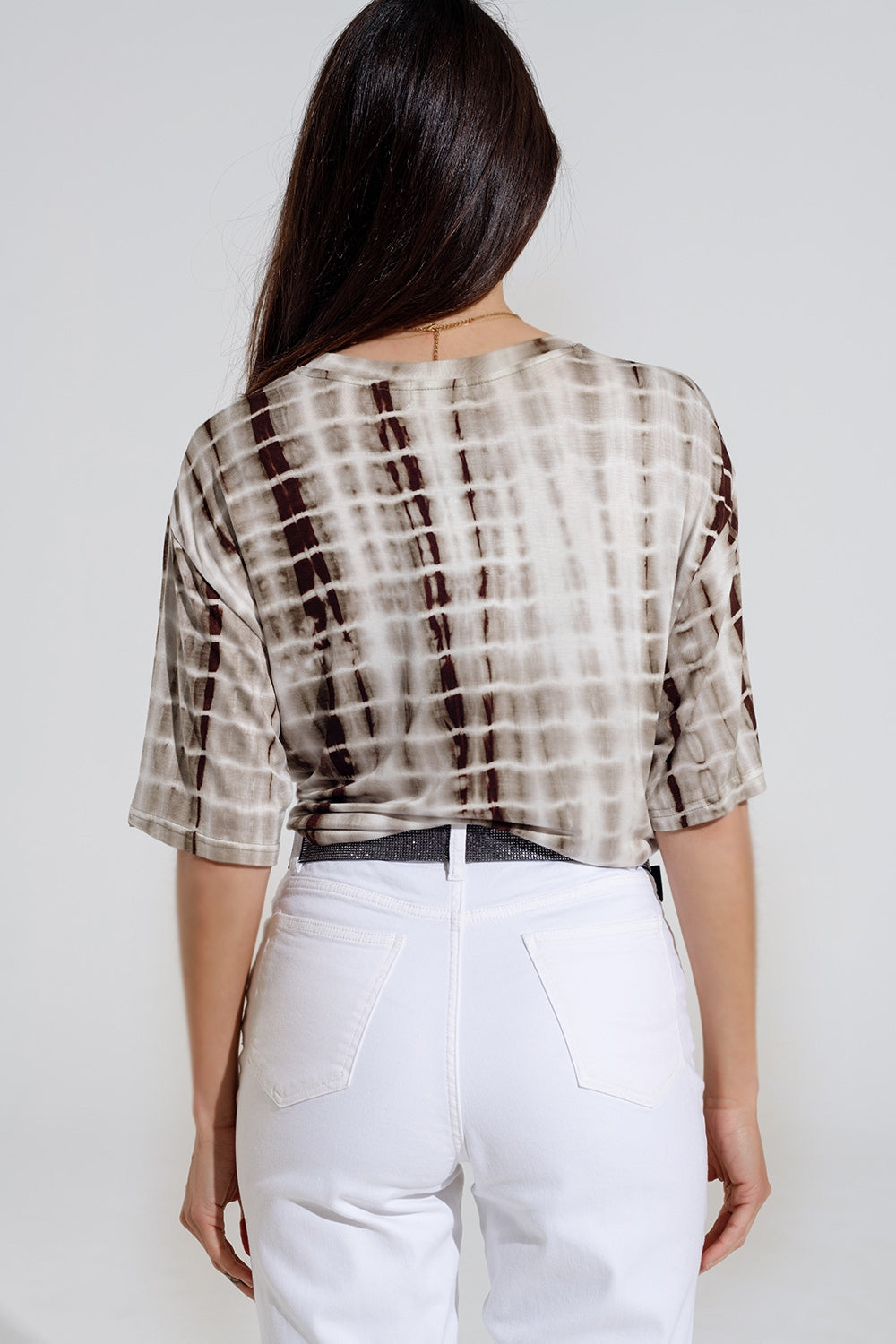 Khaki Tie Dye printed t-shirt with knot on the front Q2store