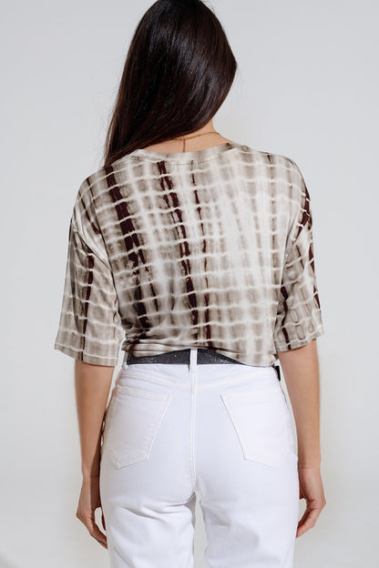 Khaki Tie Dye printed t-shirt with knot on the front Q2store