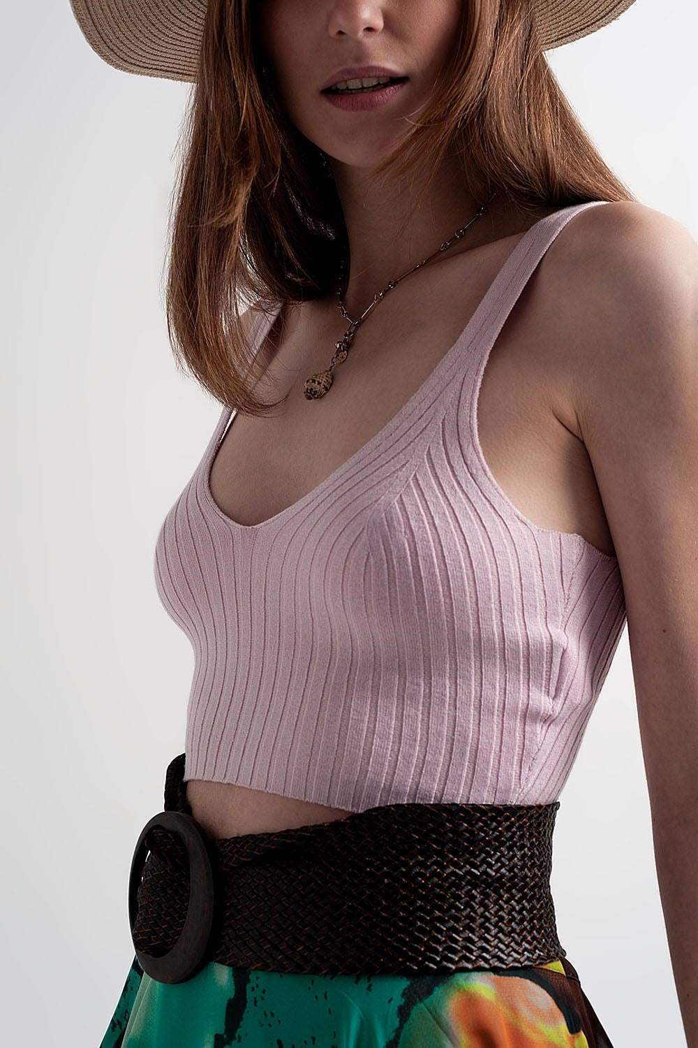 Knitted crop top co ord in pink Q2store