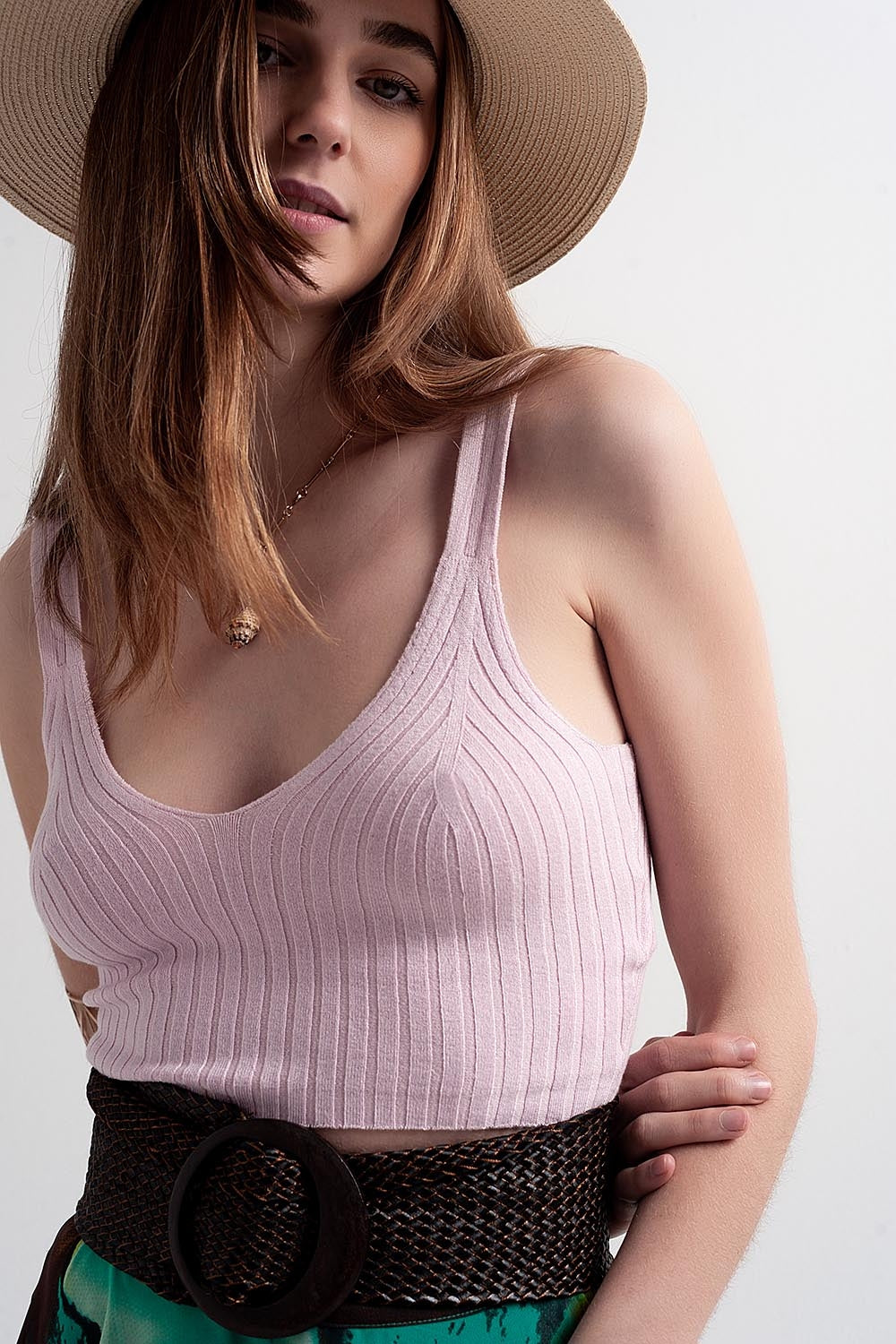 Knitted crop top co ord in pink Q2store