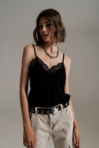 Lace detail cami top in black Q2store