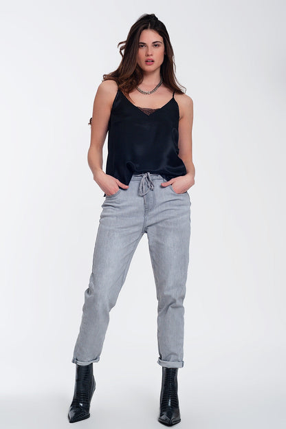 Lace insert satin cami top in black Q2store