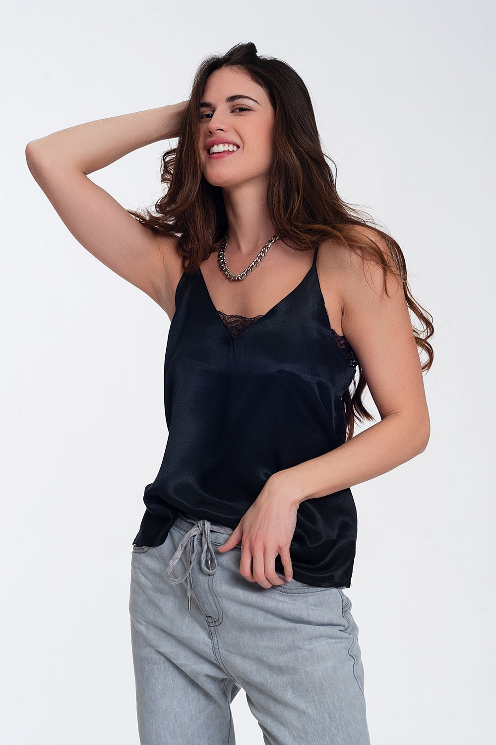Lace insert satin cami top in black Q2store