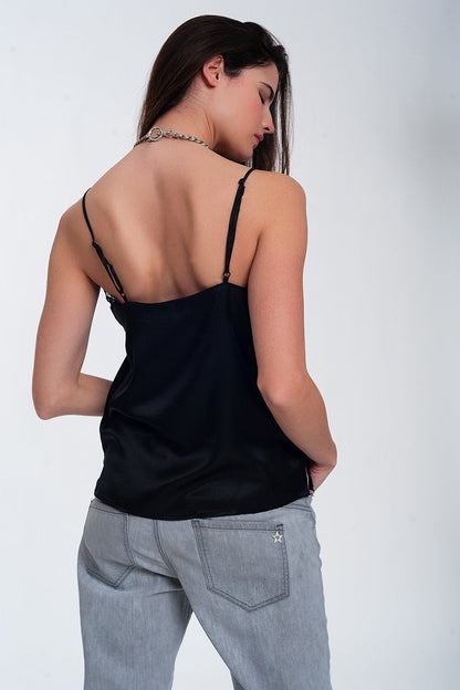 Lace insert satin cami top in black Q2store