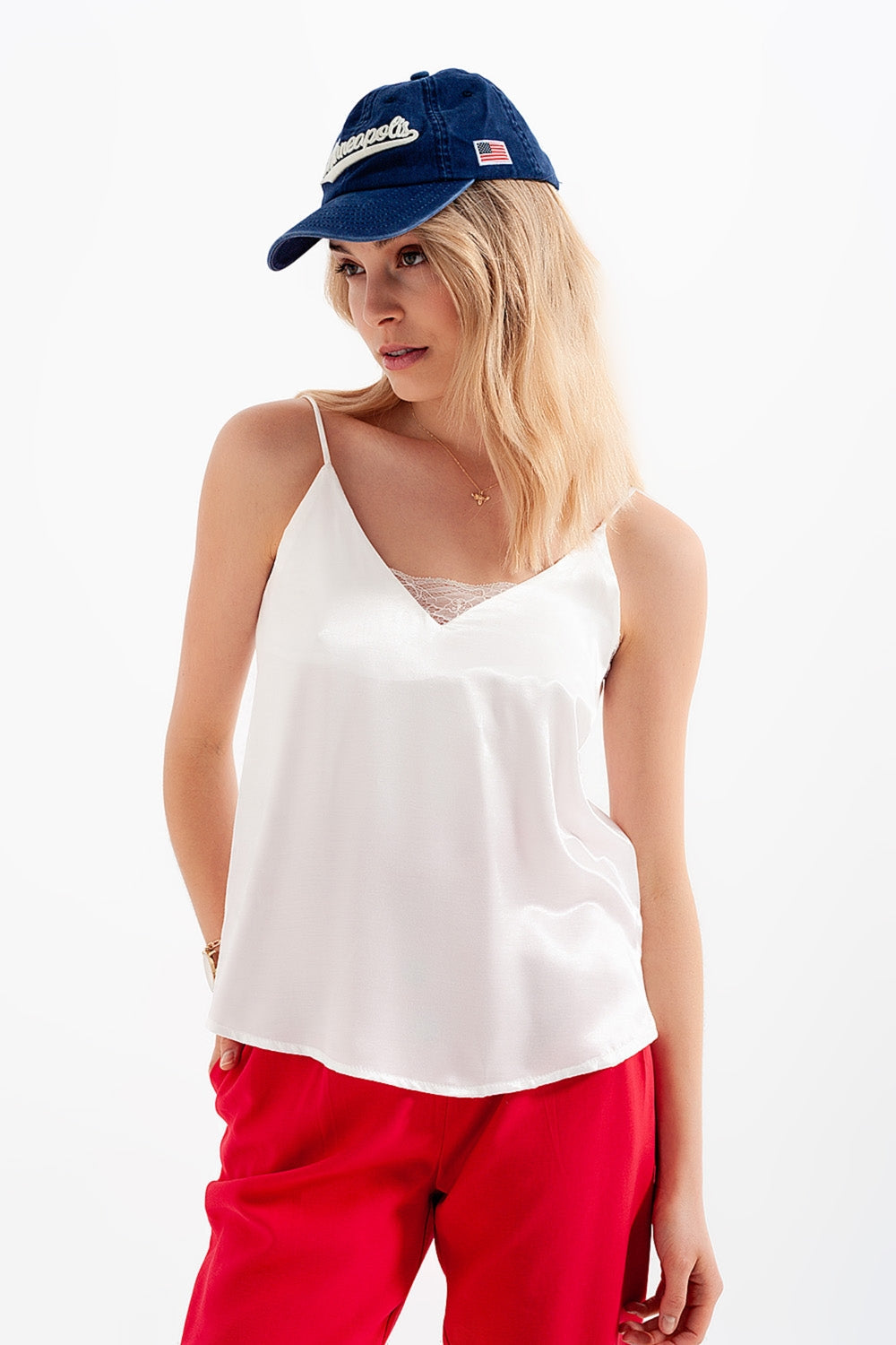 Lace insert satin cami top in white Q2store
