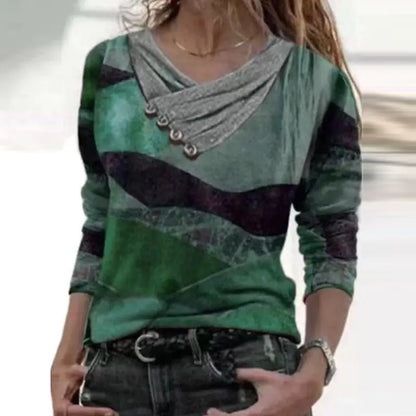 Printed Long-Sleeved V-Neck T-Shirt Top