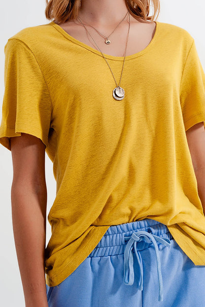 Linen mix scoop front t-shirt in Yellow Q2store