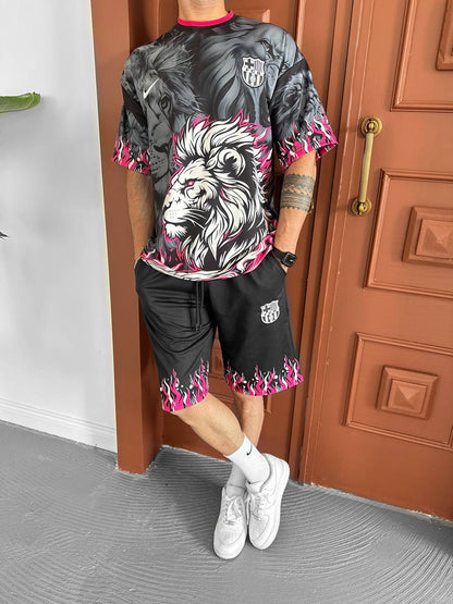 Lion Blaze Men's Graphic Tee & Flame Shorts Set – Fiery Streetwear with Bold Lion Print Withinblack
