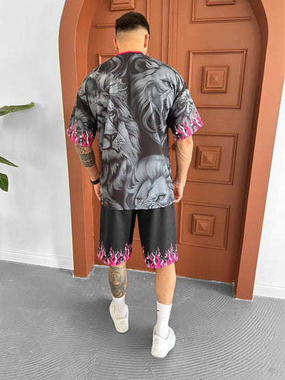 Lion Blaze Men's Graphic Tee & Flame Shorts Set – Fiery Streetwear with Bold Lion Print Withinblack