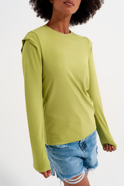 Long sleeve top with shoulder detail in green Q2store
