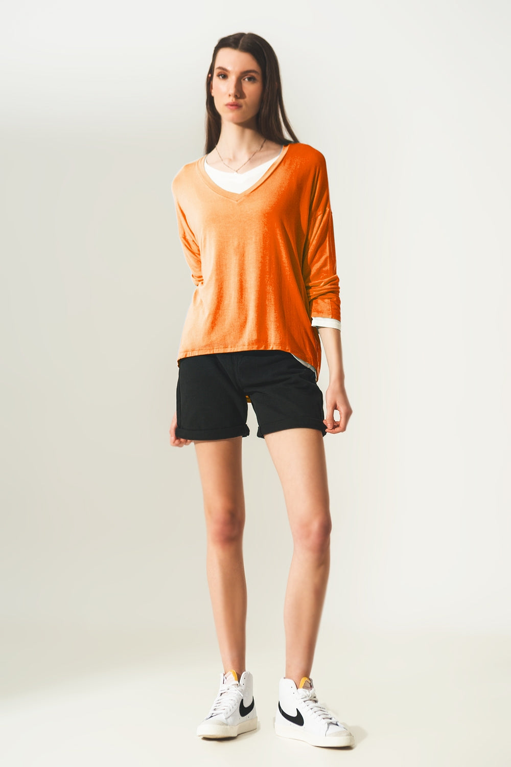 Long sleeve v neck top in modal in Orange Q2store