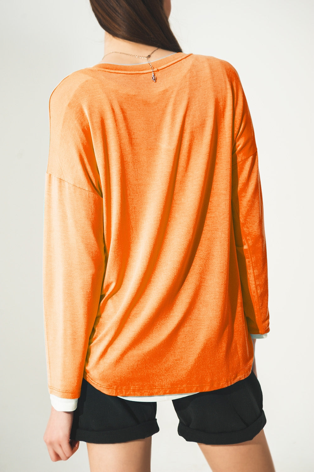 Long sleeve v neck top in modal in Orange Q2store