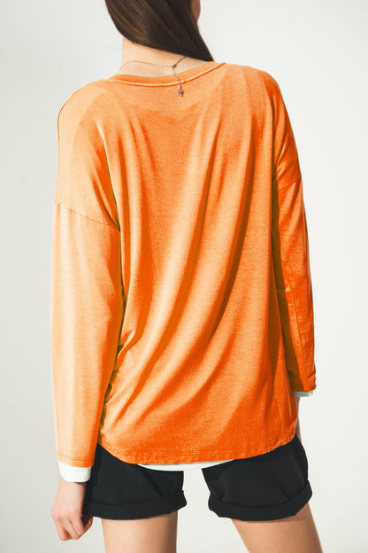 Long sleeve v neck top in modal in Orange Q2store