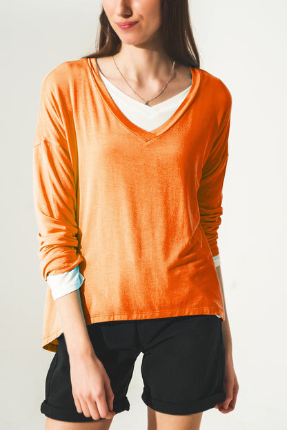Long sleeve v neck top in modal in Orange Q2store