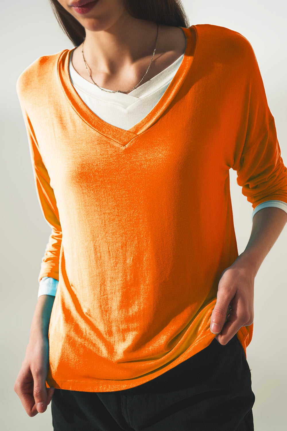 Long sleeve v neck top in modal in Orange Q2store