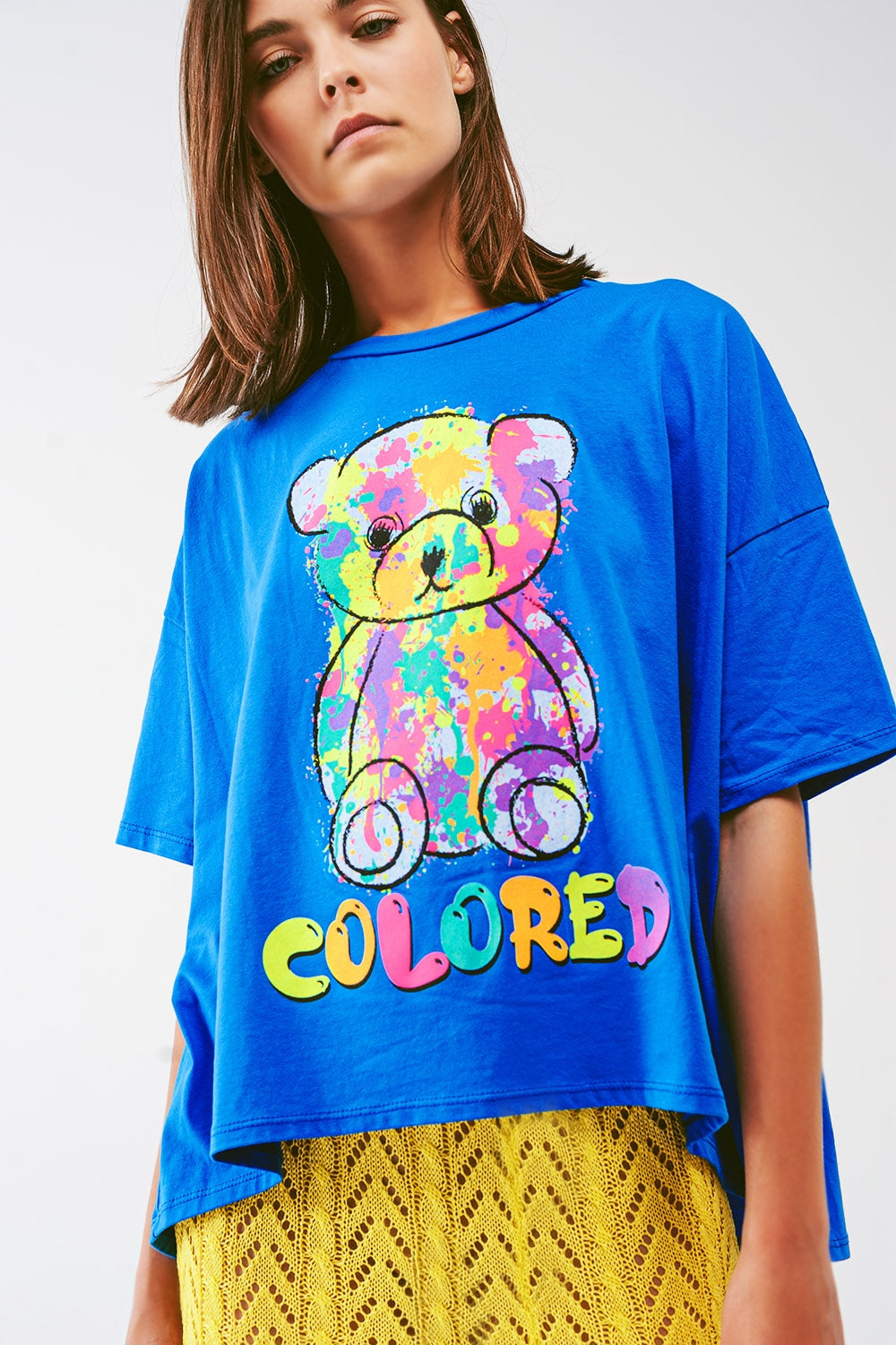 loose-fitting blue T-shirt with colored bear Q2store