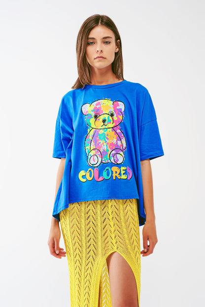 loose-fitting blue T-shirt with colored bear Q2store