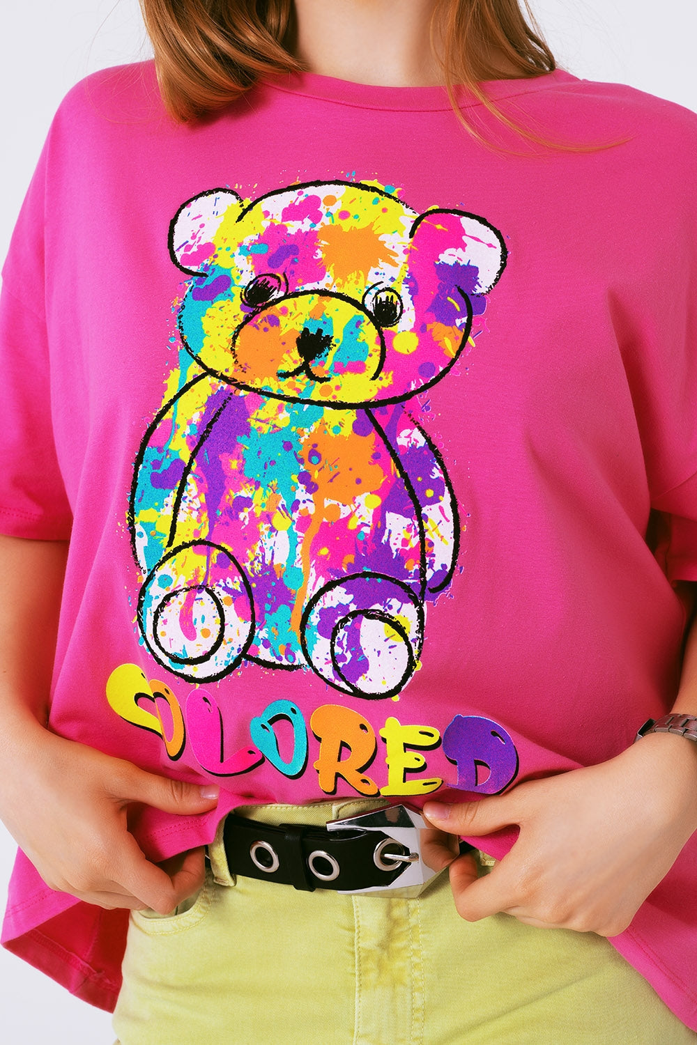 loose-fitting fuchsia T-shirt with colored bear Q2store