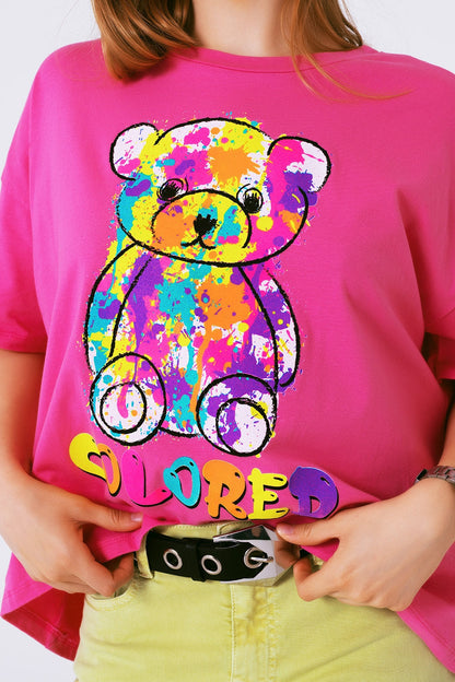 loose-fitting fuchsia T-shirt with colored bear Q2store