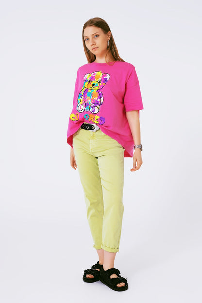 loose-fitting fuchsia T-shirt with colored bear Q2store