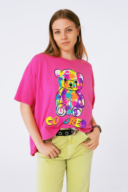 loose-fitting fuchsia T-shirt with colored bear Q2store