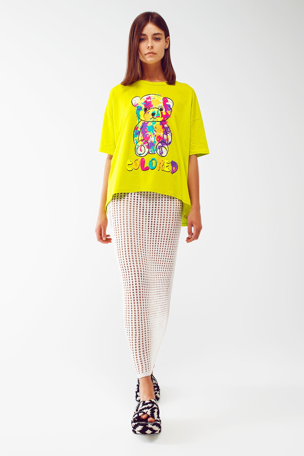 loose-fitting lime T-shirt with colored bear Q2store