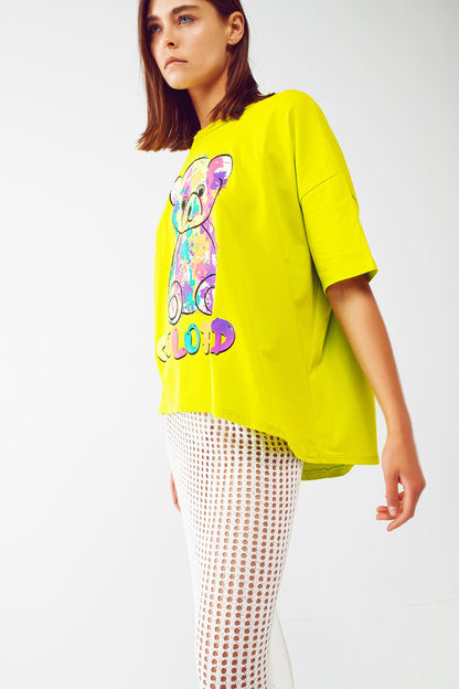 loose-fitting lime T-shirt with colored bear Q2store