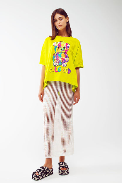 loose-fitting lime T-shirt with colored bear Q2store