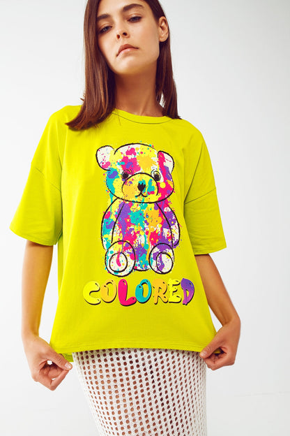 loose-fitting lime T-shirt with colored bear Q2store
