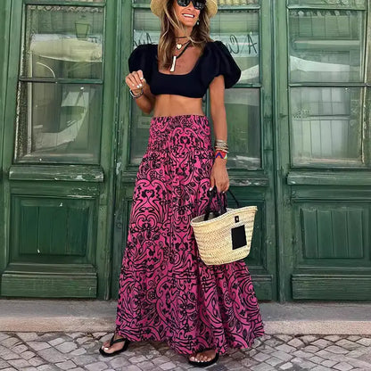 Summer Floral Maxi Skirt with Elastic Waist