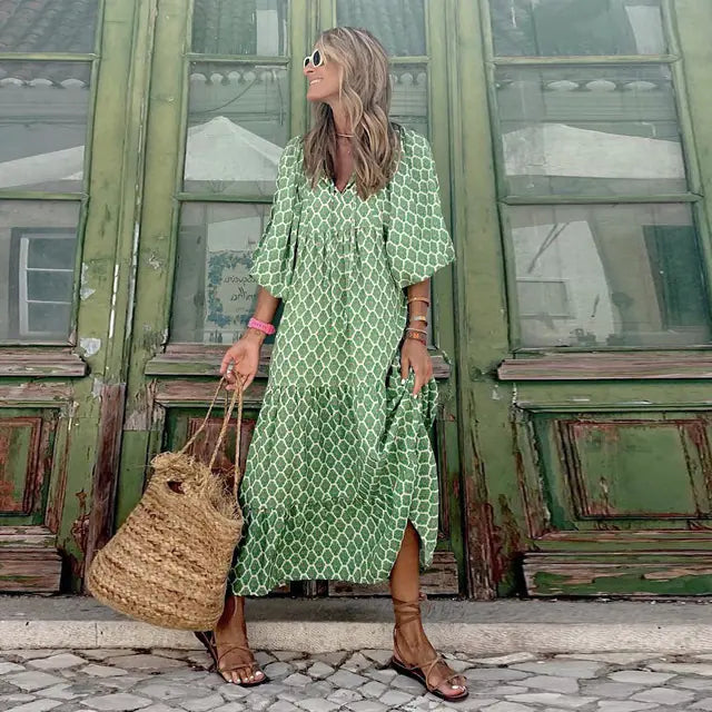 Women's Boho Floral Maxi Dress with Drawstring V Neck