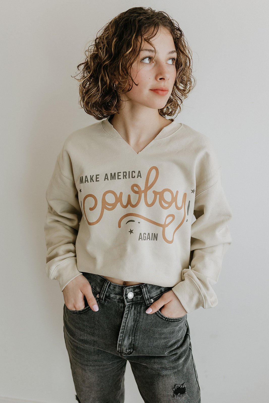 Make America Cowboy Again V-Neck Graphic Sweatshirt Wild Junkie