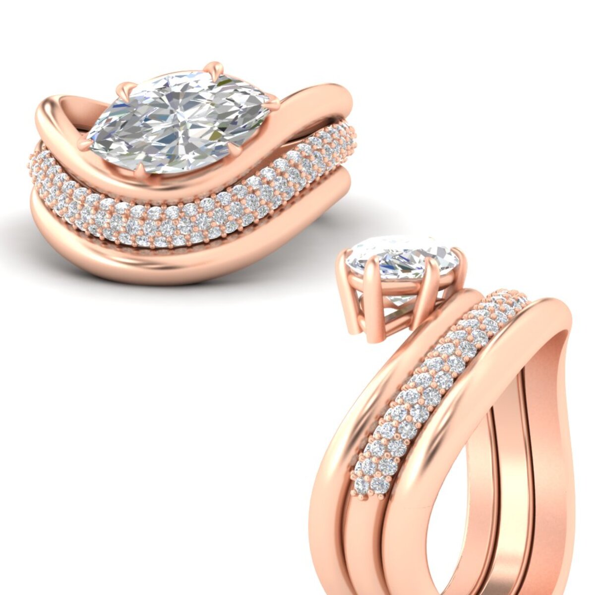 Dual Bands with Wave Solitaire Ring Fascinating Diamonds